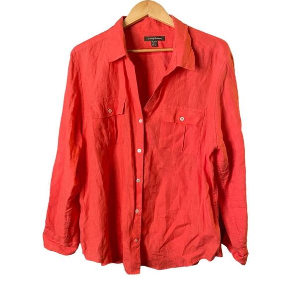 Tommy Bahama Tops - Tommy Bahama Shirt Women Women XL Linen Orange Roll Tab Sleeve Beach Coastal